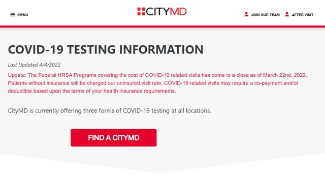 Screenshot of the CityMD website, taken on April 6, 2022